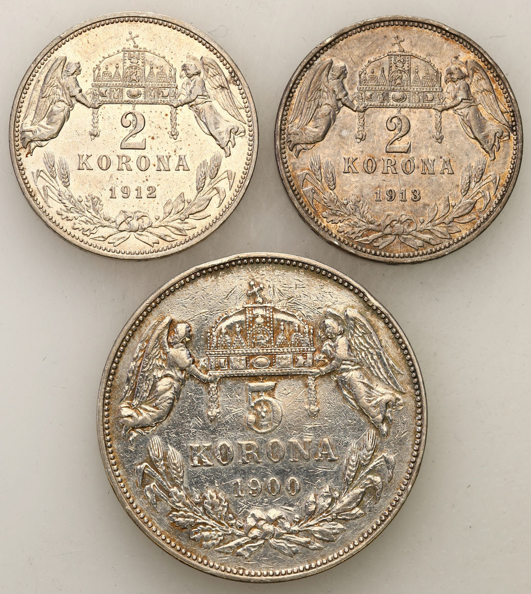Węgry, Franciszek Józef I (1848-1916). 2 korony 1912, 1913, 5 koron 1900 KB, Kremnica